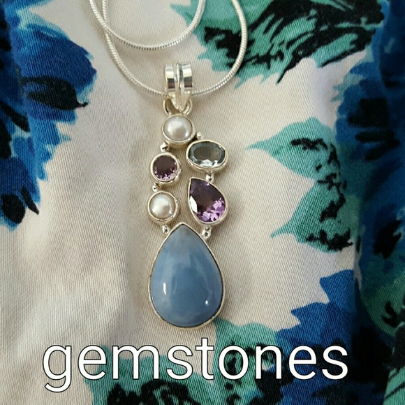 Earth Art hand crafted artisan Jewelry - Blue Opal & Topaz, Pearls Amethyst Necklace